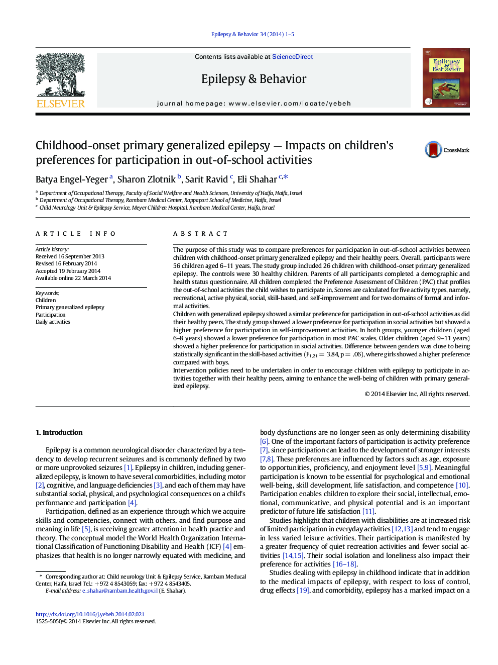 Childhood-onset primary generalized epilepsy - Impacts on children's preferences for participation in out-of-school activities