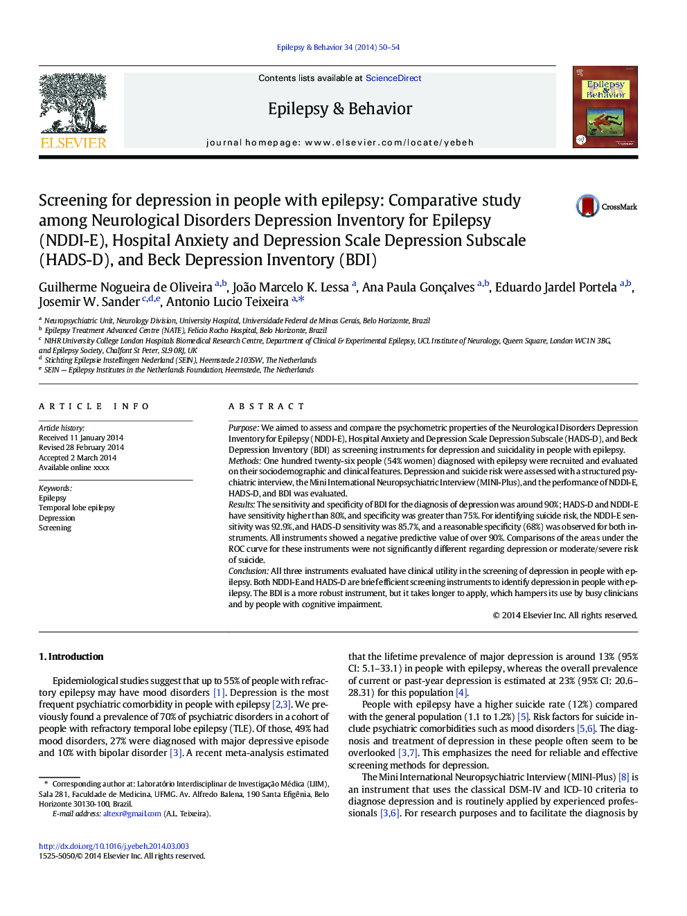 Screening for depression in people with epilepsy: Comparative study among Neurological Disorders Depression Inventory for Epilepsy (NDDI-E), Hospital Anxiety and Depression Scale Depression Subscale (HADS-D), and Beck Depression Inventory (BDI)