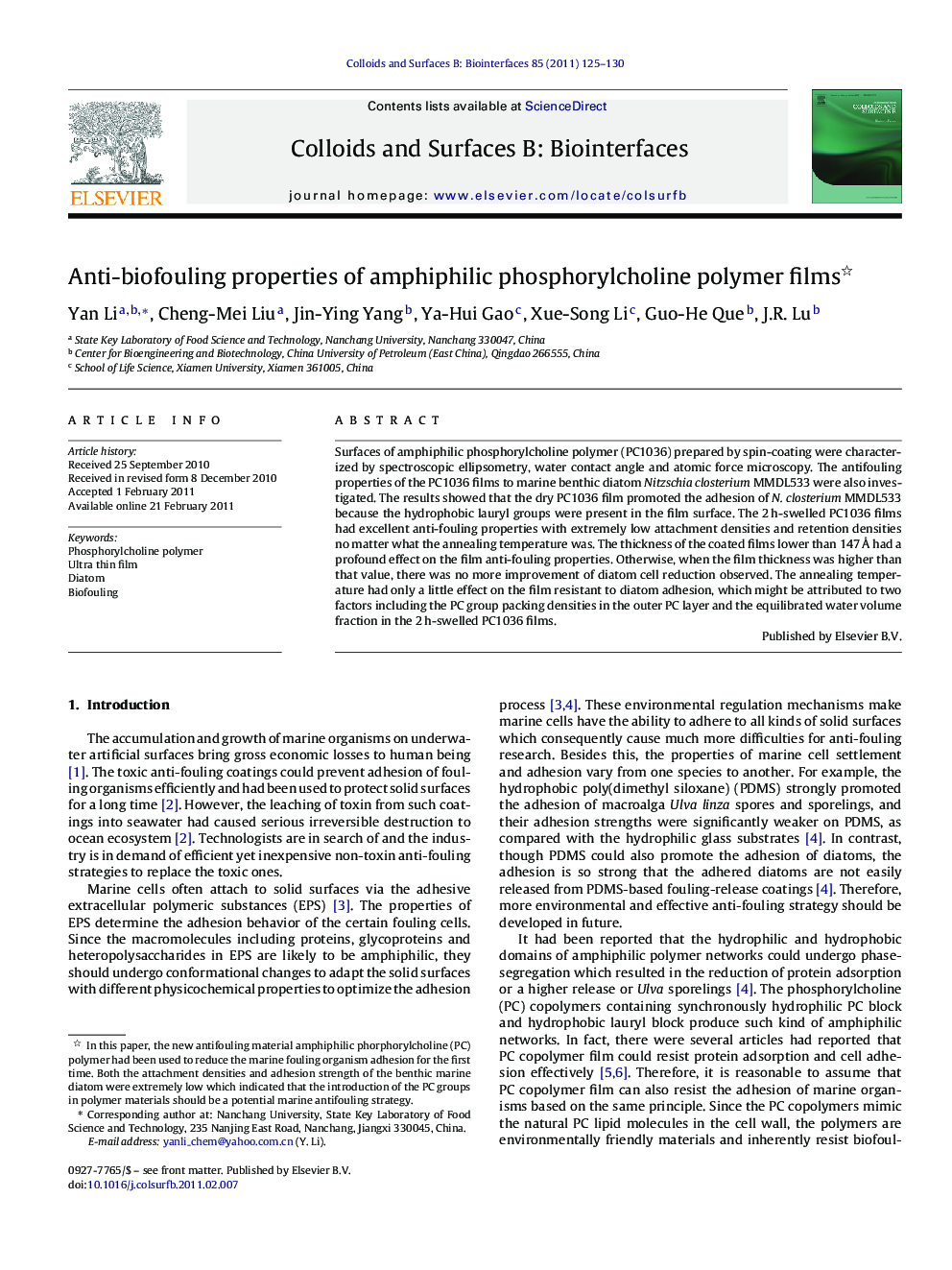 عکس صفحه اول مقاله: Anti-biofouling properties of amphiphilic phosphorylcholine polymer films Anti-biofouling properties of amphiphilic phosphorylcholine polymer films
