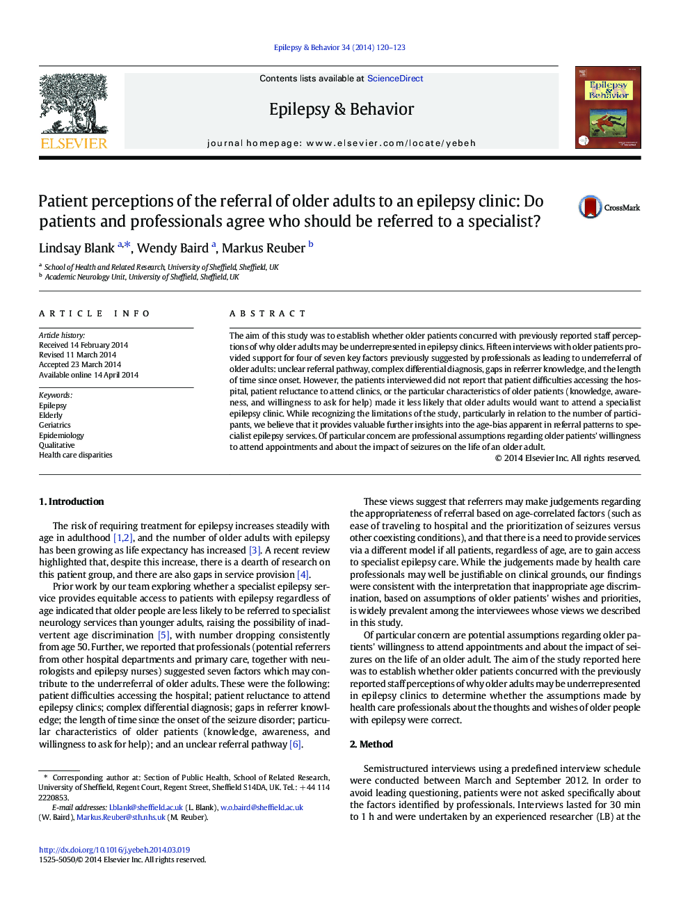 Patient perceptions of the referral of older adults to an epilepsy clinic: Do patients and professionals agree who should be referred to a specialist?