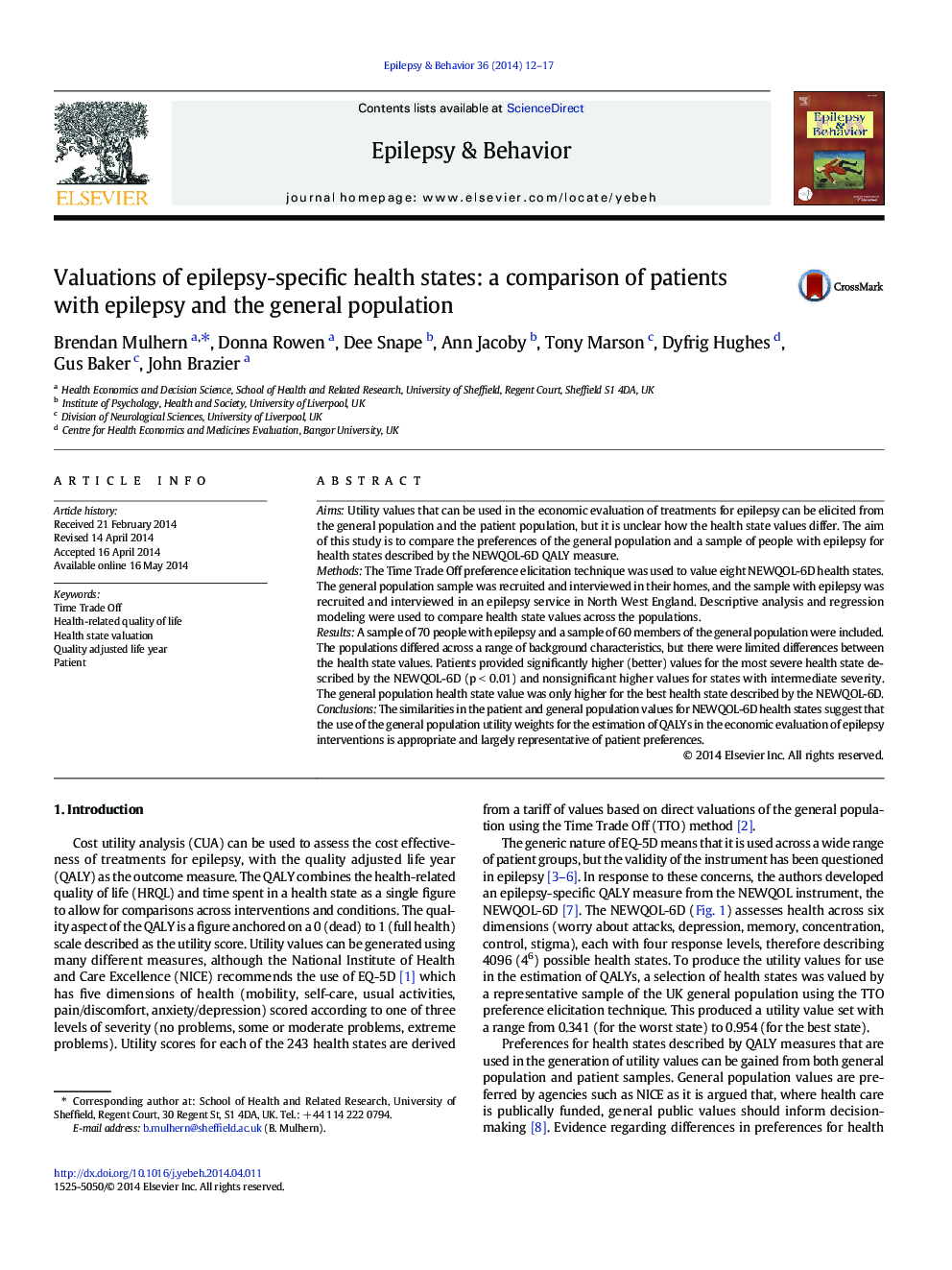 Valuations of epilepsy-specific health states: a comparison of patients with epilepsy and the general population