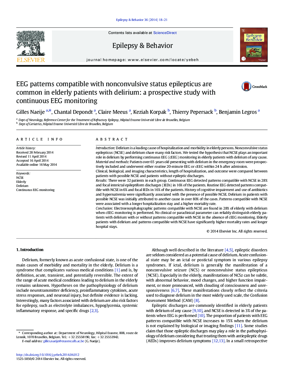 EEG patterns compatible with nonconvulsive status epilepticus are common in elderly patients with delirium: a prospective study with continuous EEG monitoring