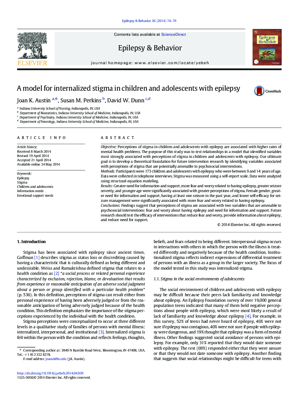 A model for internalized stigma in children and adolescents with epilepsy