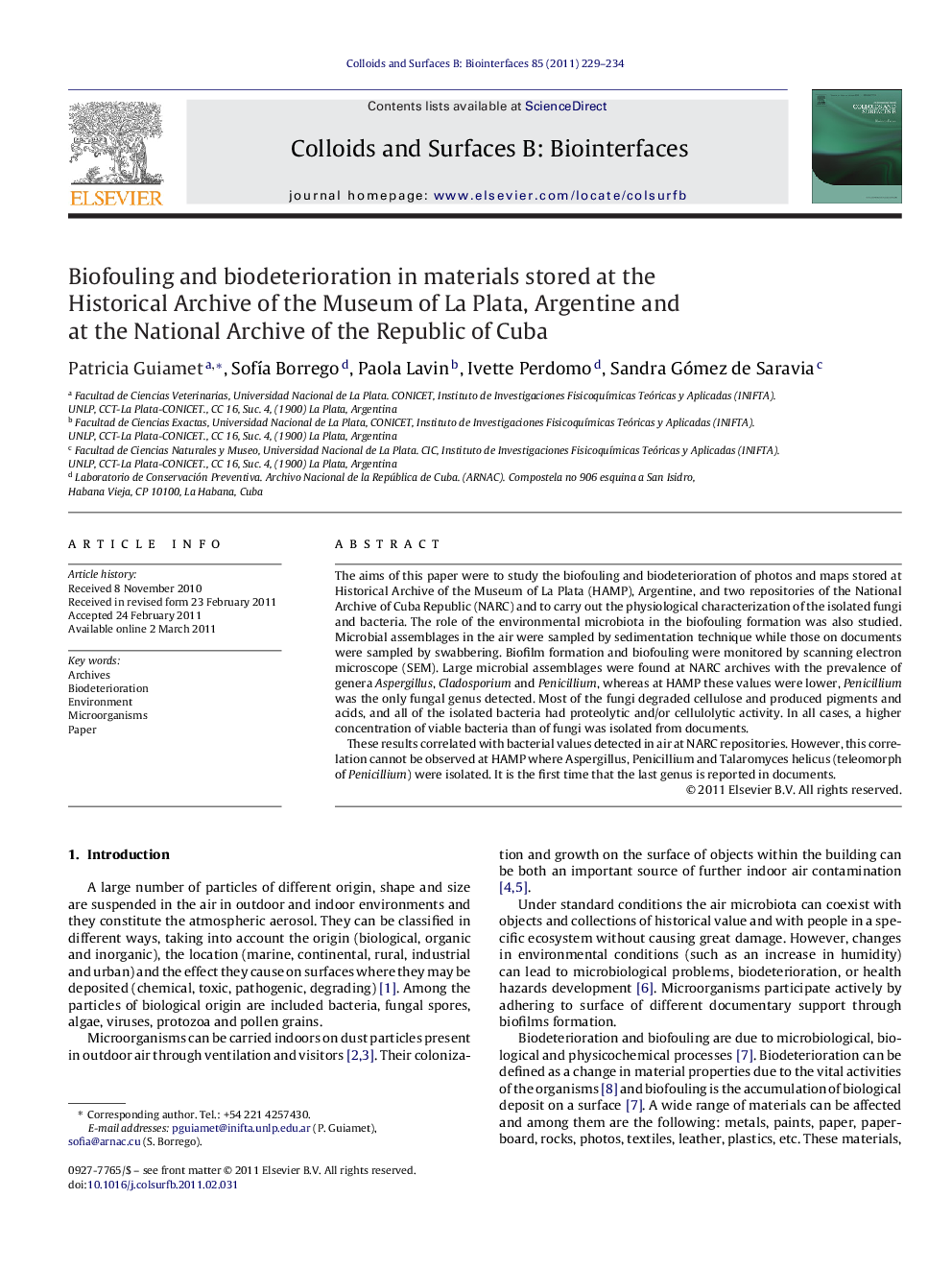 Biofouling and biodeterioration in materials stored at the Historical Archive of the Museum of La Plata, Argentine and at the National Archive of the Republic of Cuba