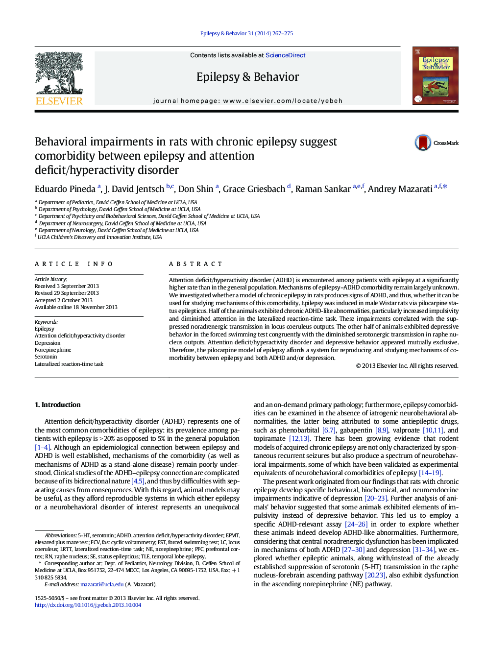 Behavioral impairments in rats with chronic epilepsy suggest comorbidity between epilepsy and attention deficit/hyperactivity disorder