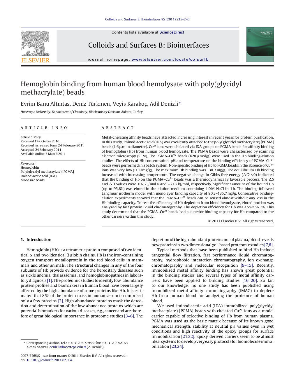 Hemoglobin binding from human blood hemolysate with poly(glycidyl methacrylate) beads