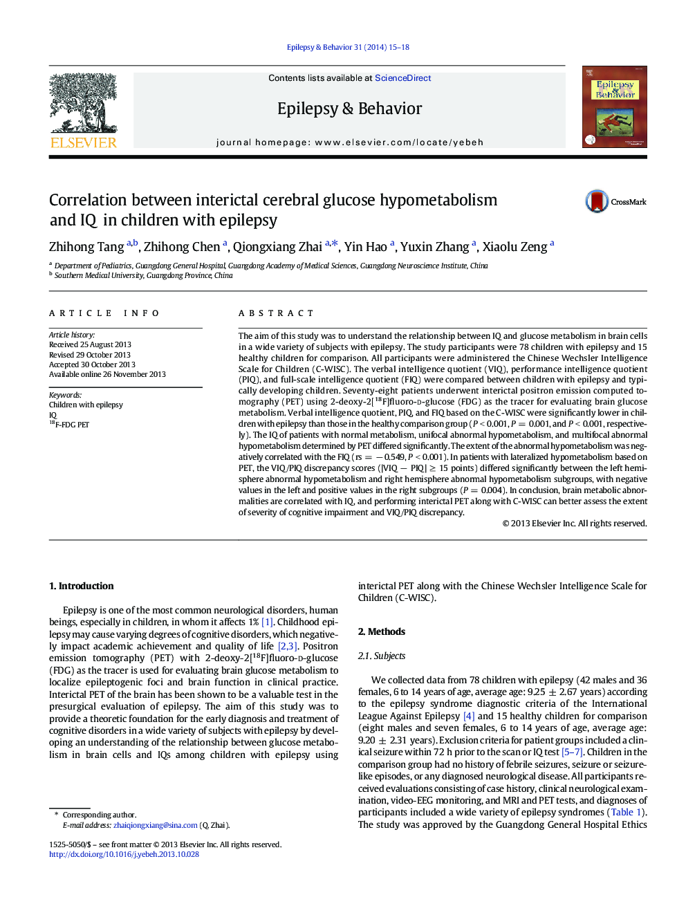 Correlation between interictal cerebral glucose hypometabolism and IQ in children with epilepsy