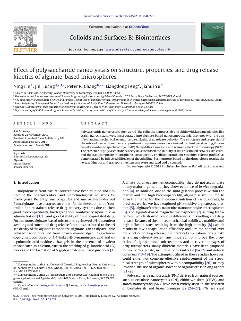 Effect of polysaccharide nanocrystals on structure, properties, and drug release kinetics of alginate-based microspheres