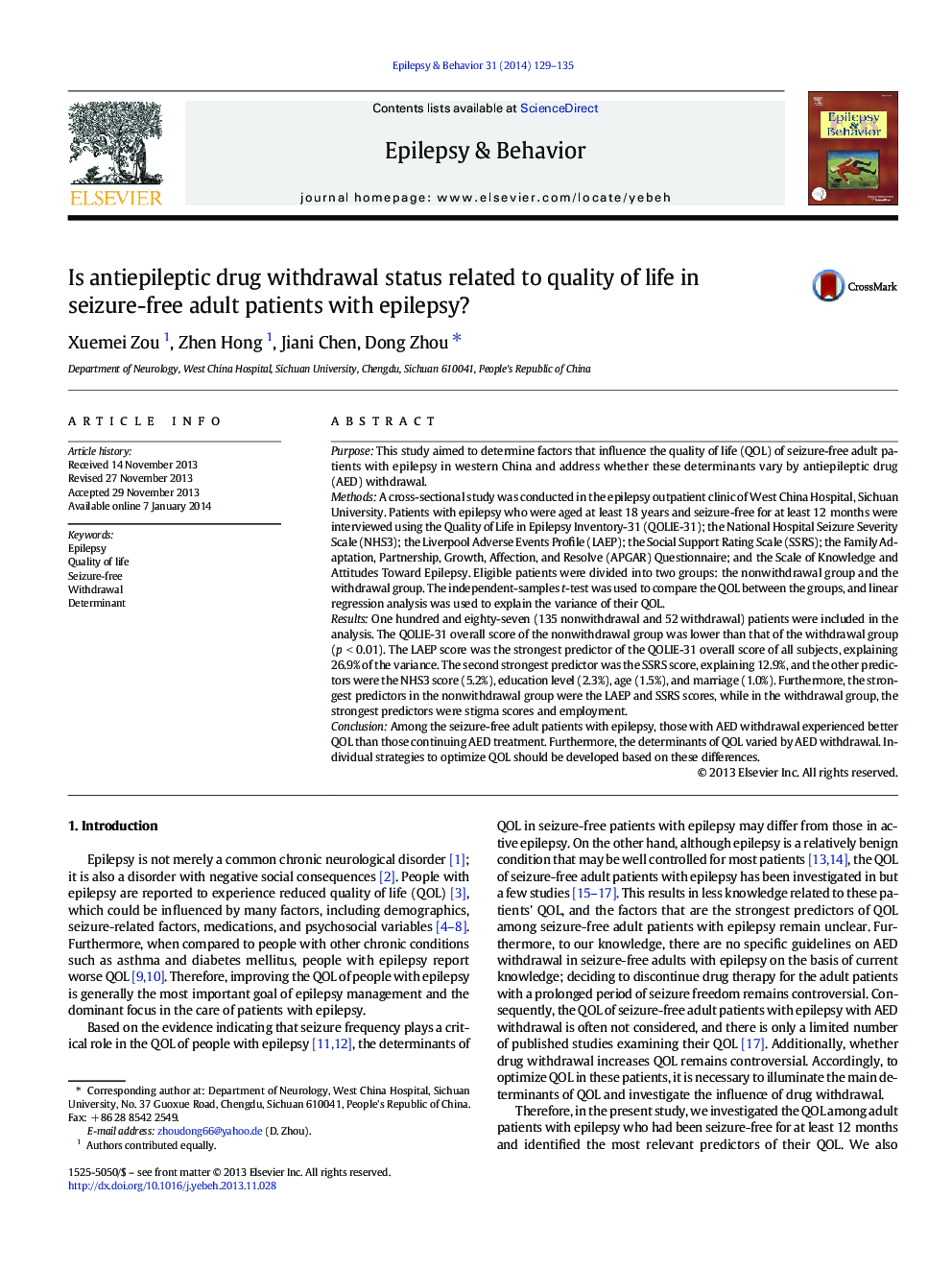 Is antiepileptic drug withdrawal status related to quality of life in seizure-free adult patients with epilepsy?