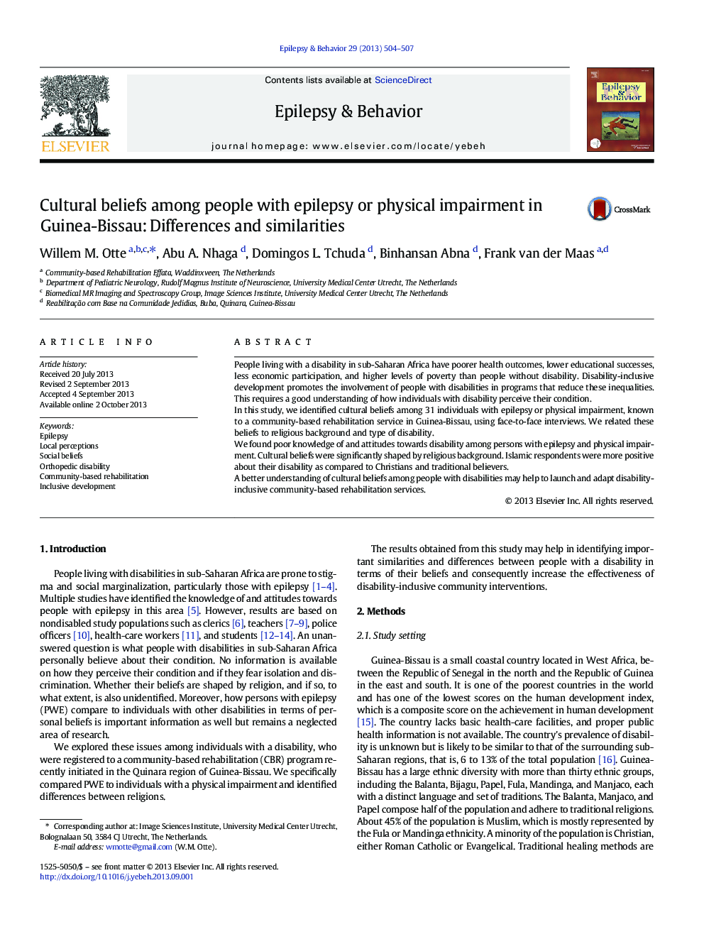 Cultural beliefs among people with epilepsy or physical impairment in Guinea-Bissau: Differences and similarities