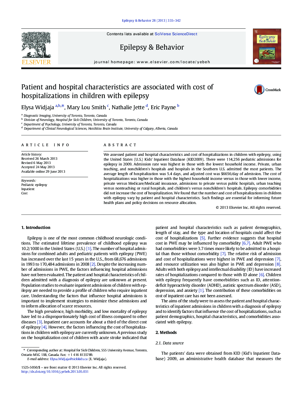 Patient and hospital characteristics are associated with cost of hospitalizations in children with epilepsy