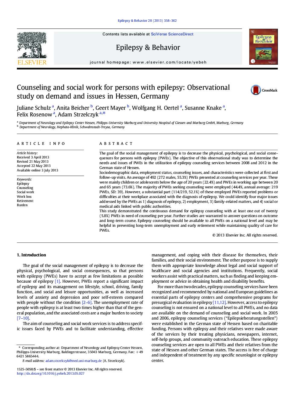 Counseling and social work for persons with epilepsy: Observational study on demand and issues in Hessen, Germany