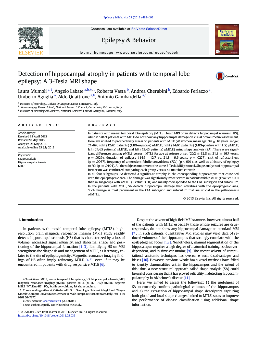 Detection of hippocampal atrophy in patients with temporal lobe epilepsy: A 3-Tesla MRI shape