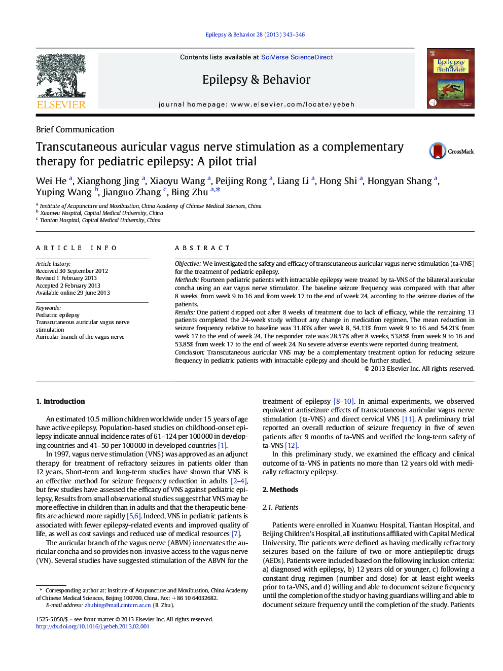 Transcutaneous auricular vagus nerve stimulation as a complementary therapy for pediatric epilepsy: A pilot trial