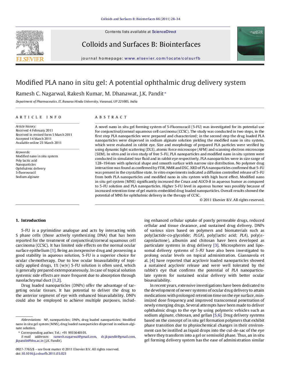 Modified PLA nano in situ gel: A potential ophthalmic drug delivery system