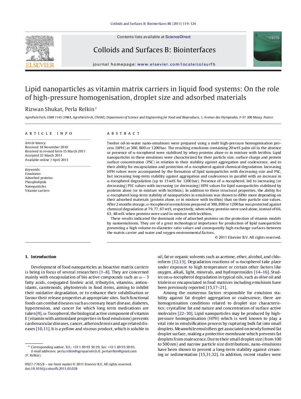 Lipid nanoparticles as vitamin matrix carriers in liquid food systems: On the role of high-pressure homogenisation, droplet size and adsorbed materials