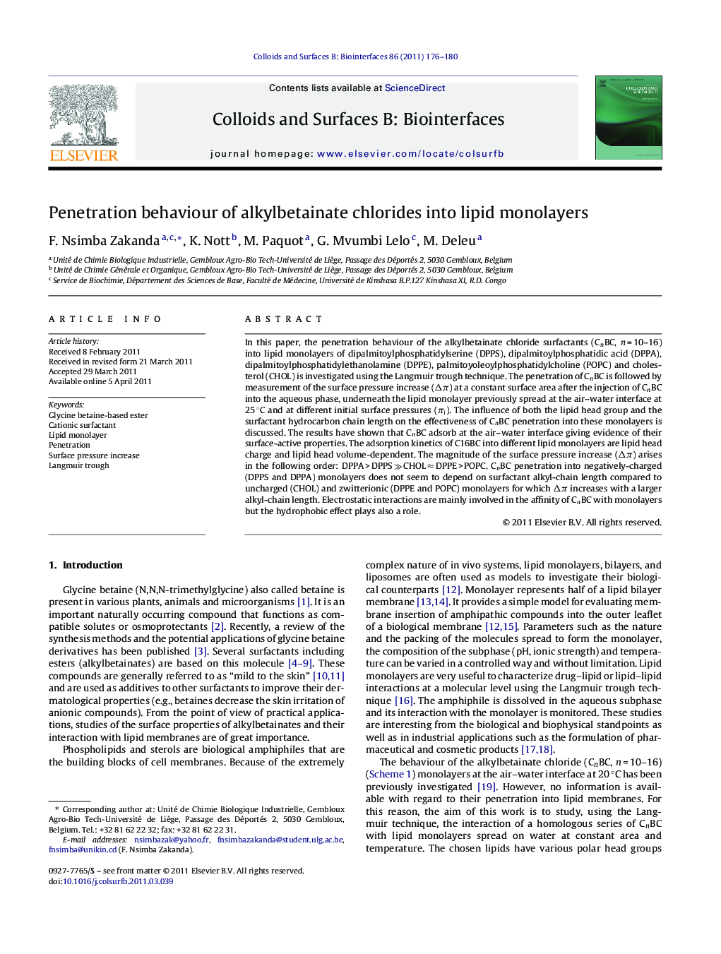 Penetration behaviour of alkylbetainate chlorides into lipid monolayers