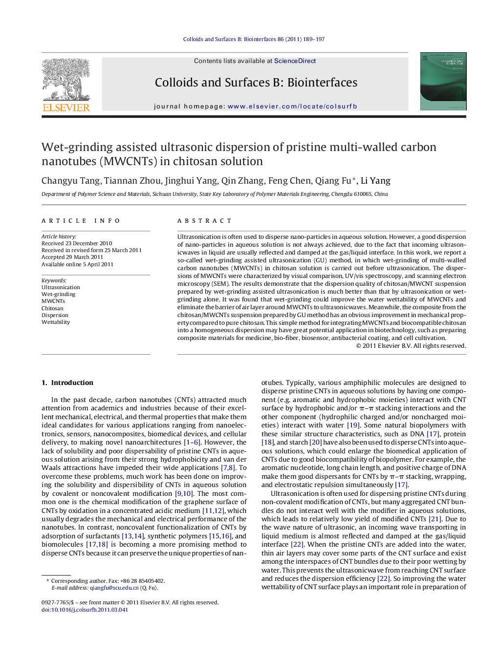 عکس صفحه اول مقاله: Wet-grinding assisted ultrasonic dispersion of pristine multi-walled carbon nanotubes (MWCNTs) in chitosan solution Wet-grinding assisted ultrasonic dispersion of pristine multi-walled carbon nanotubes (MWCNTs) in chitosan solution