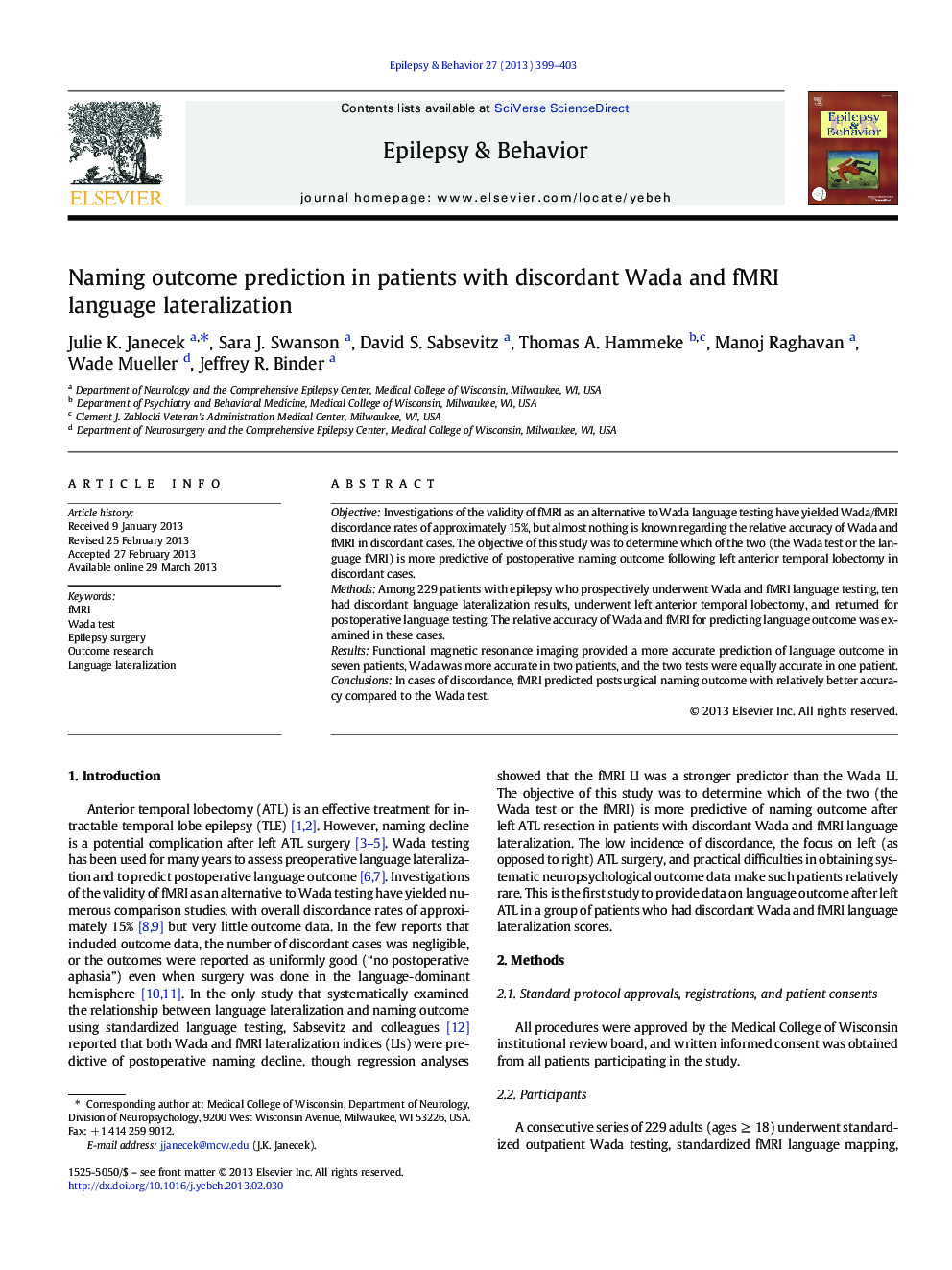 Naming outcome prediction in patients with discordant Wada and fMRI language lateralization