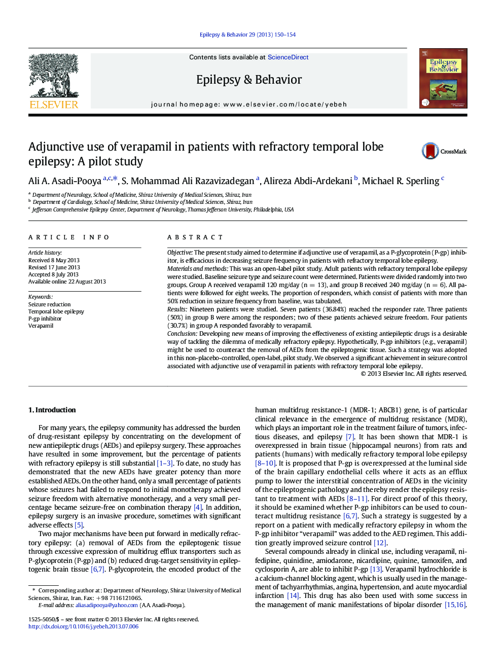 Adjunctive use of verapamil in patients with refractory temporal lobe epilepsy: A pilot study