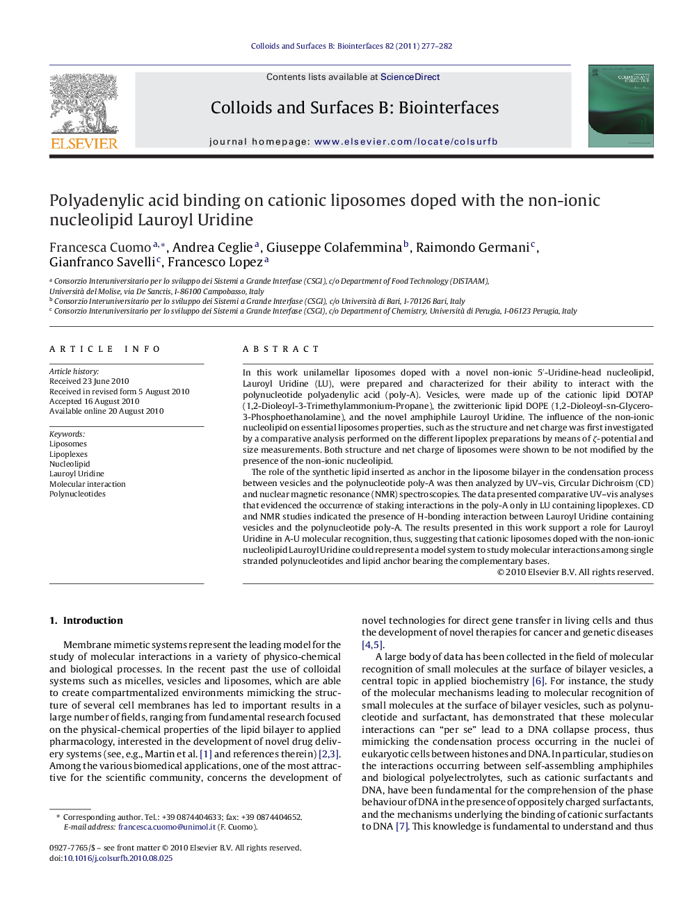 Polyadenylic acid binding on cationic liposomes doped with the non-ionic nucleolipid Lauroyl Uridine