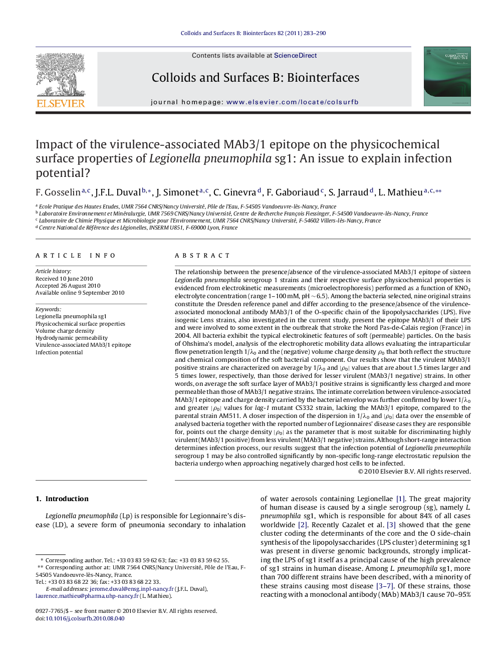 عکس صفحه اول مقاله: Impact of the virulence-associated MAb3/1 epitope on the physicochemical surface properties of Legionella pneumophila sg1: An issue to explain infection potential? Impact of the virulence-associated MAb3/1 epitope on the physicochemical surface properties of Legionella pneumophila sg1: An issue to explain infection potential?