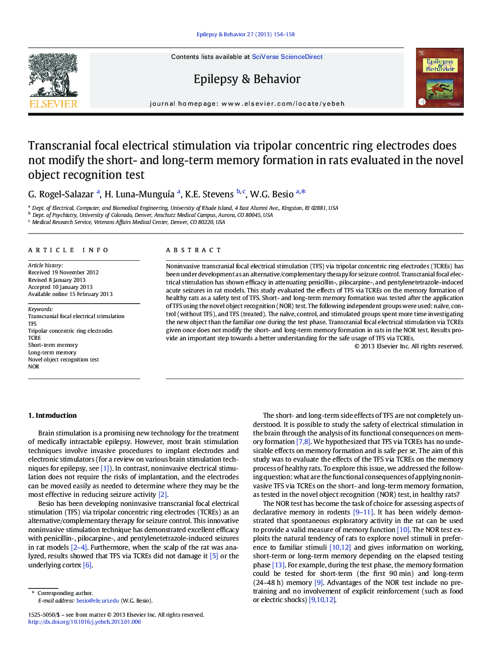 Transcranial focal electrical stimulation via tripolar concentric ring electrodes does not modify the short- and long-term memory formation in rats evaluated in the novel object recognition test