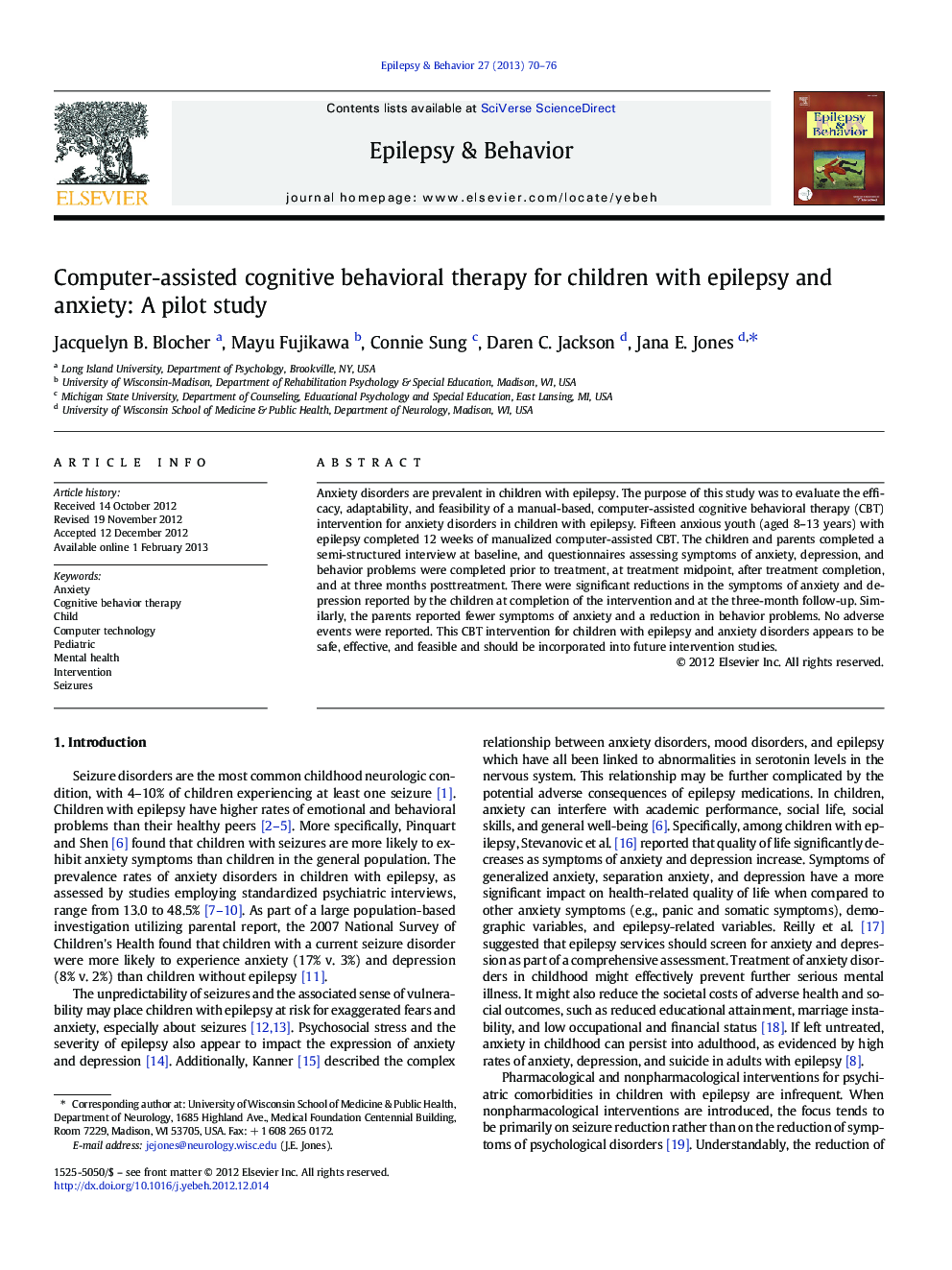 Computer-assisted cognitive behavioral therapy for children with epilepsy and anxiety: A pilot study