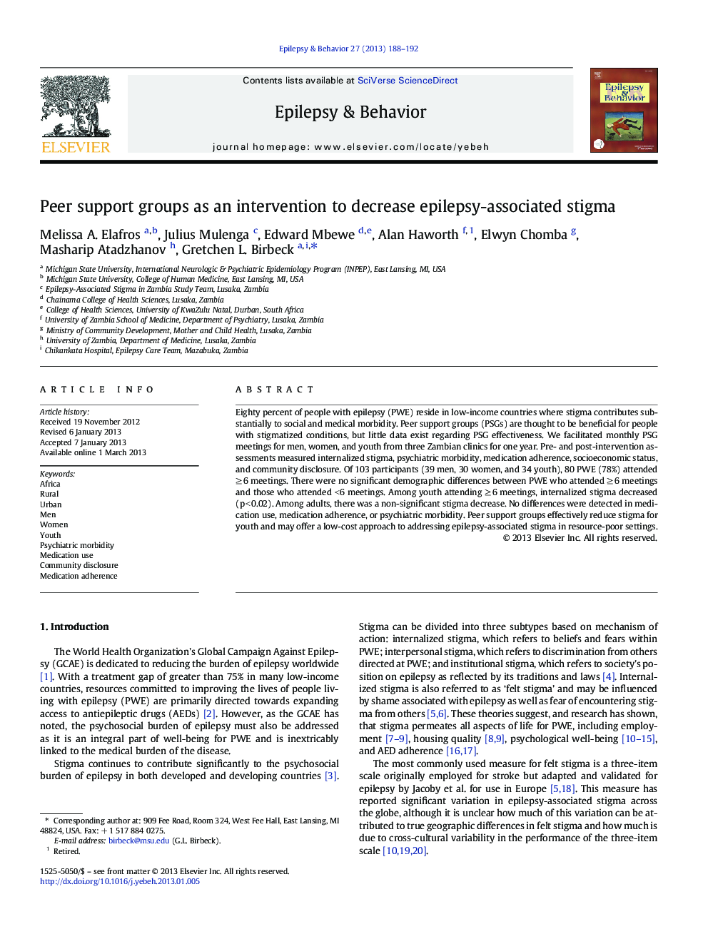 Peer support groups as an intervention to decrease epilepsy-associated stigma