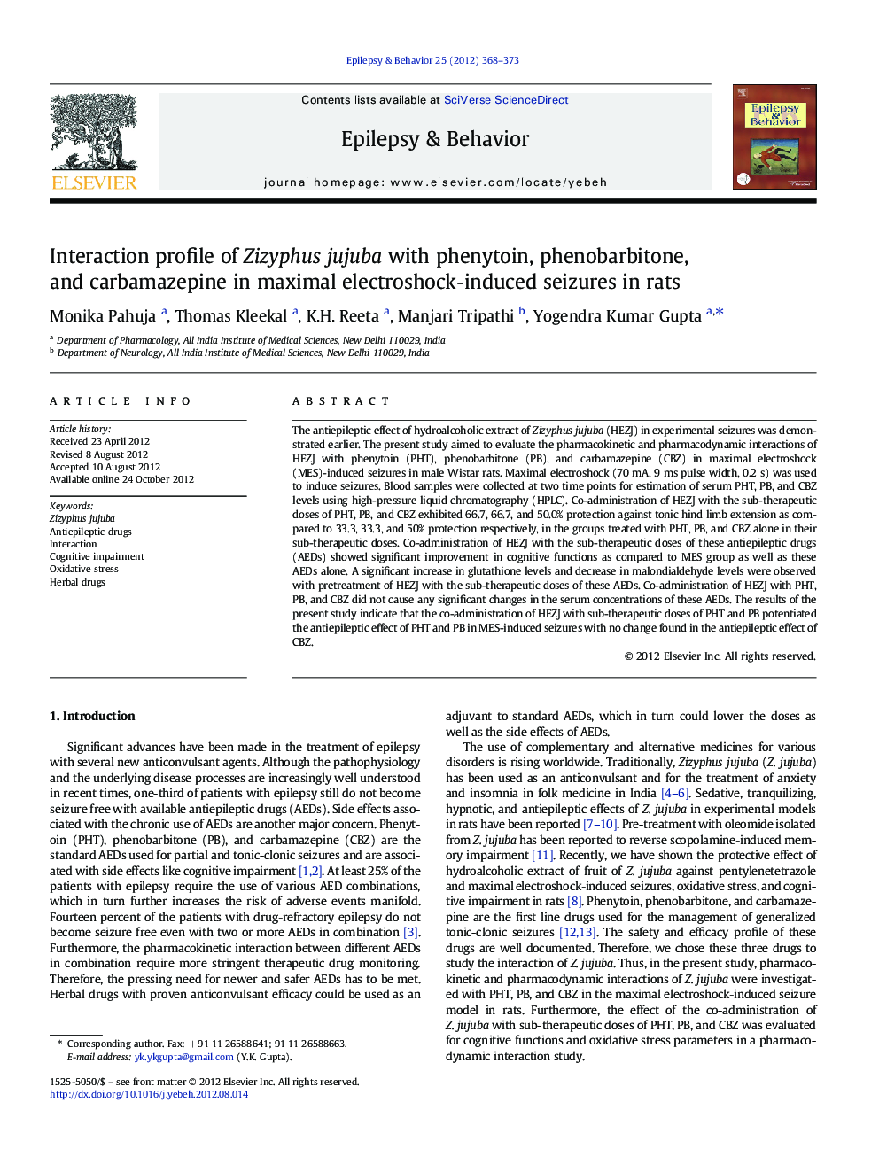 Interaction profile of Zizyphus jujuba with phenytoin, phenobarbitone, and carbamazepine in maximal electroshockâinduced seizures in rats