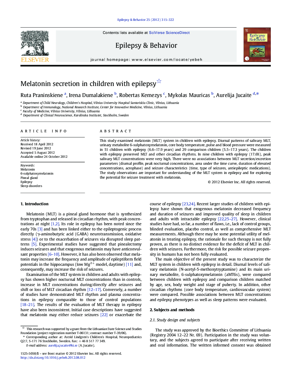 Melatonin secretion in children with epilepsy