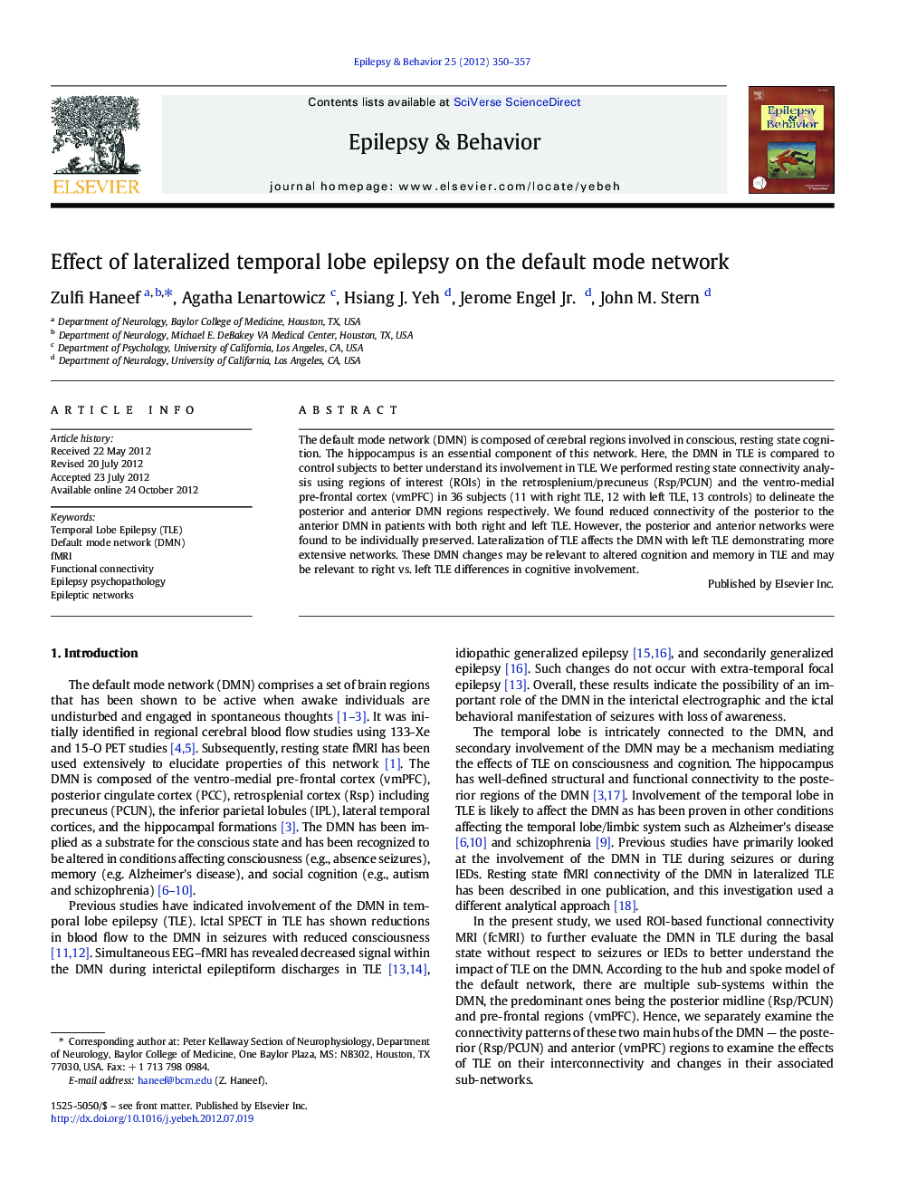 Effect of lateralized temporal lobe epilepsy on the default mode network