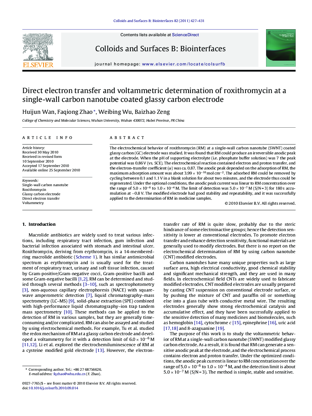 Direct electron transfer and voltammetric determination of roxithromycin at a single-wall carbon nanotube coated glassy carbon electrode