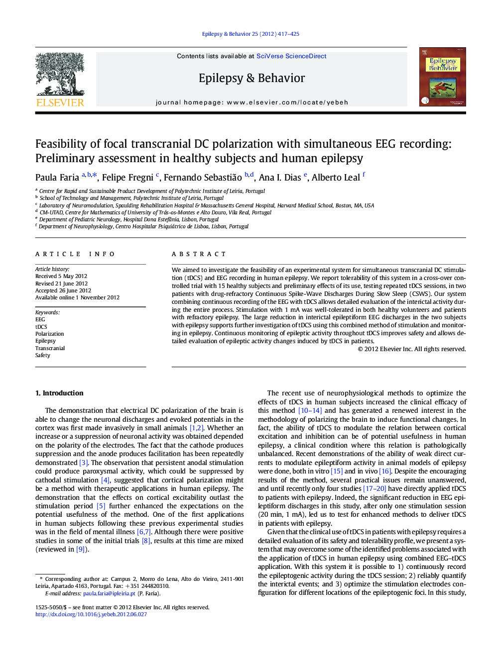 Feasibility of focal transcranial DC polarization with simultaneous EEG recording: Preliminary assessment in healthy subjects and human epilepsy