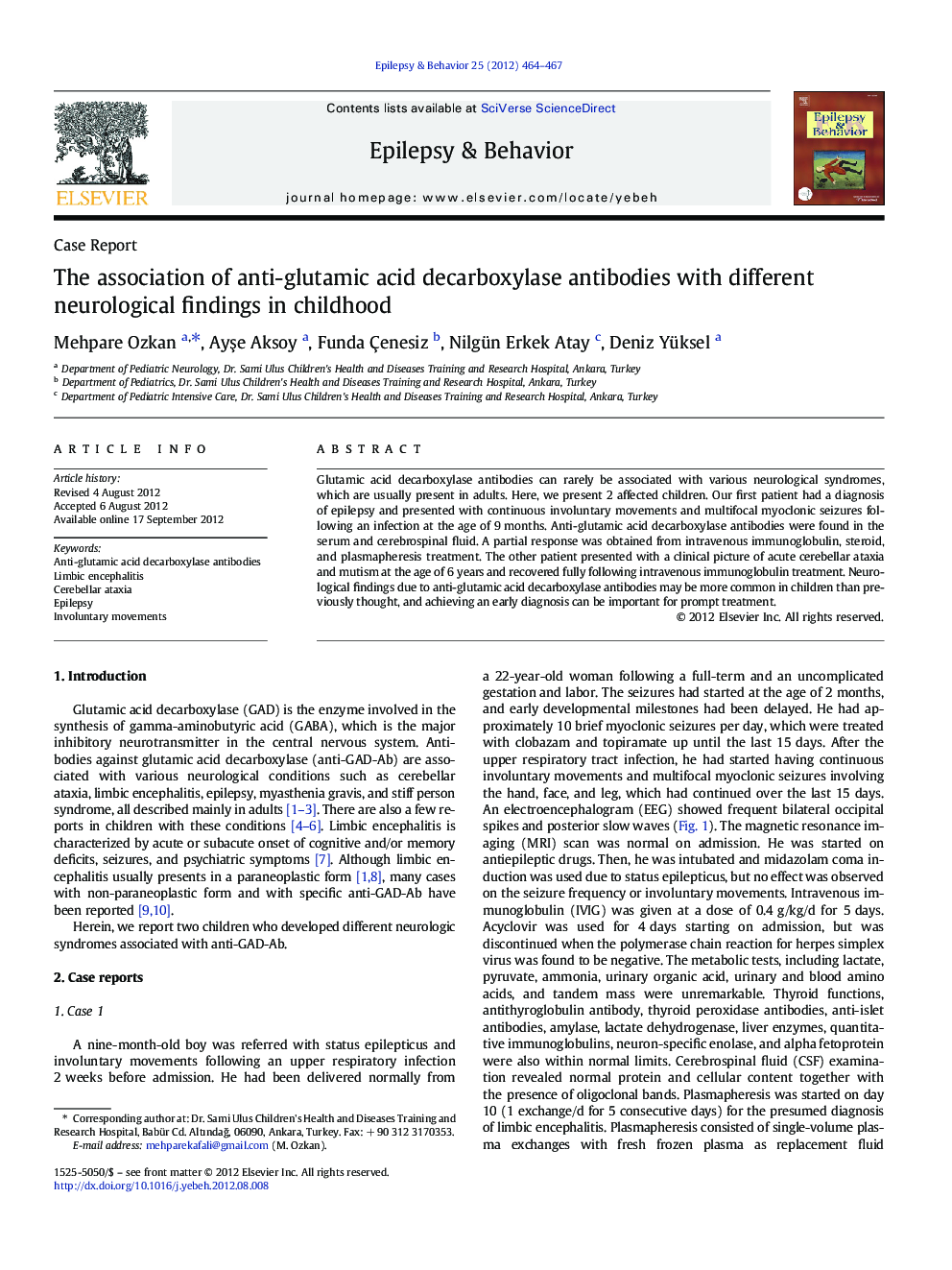 The association of anti-glutamic acid decarboxylase antibodies with different neurological findings in childhood