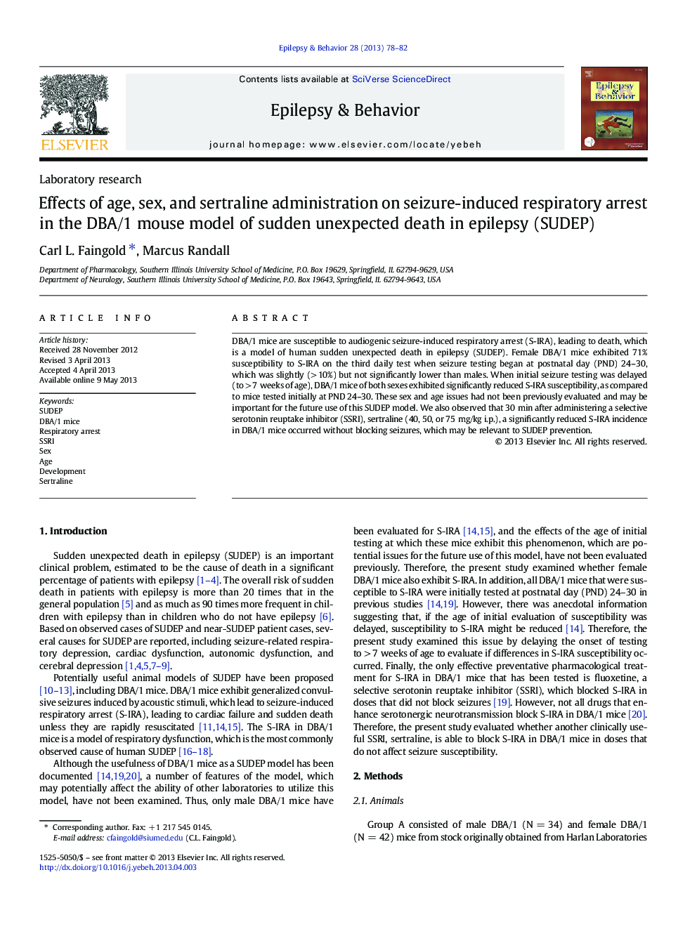 Effects of age, sex, and sertraline administration on seizure-induced respiratory arrest in the DBA/1 mouse model of sudden unexpected death in epilepsy (SUDEP)