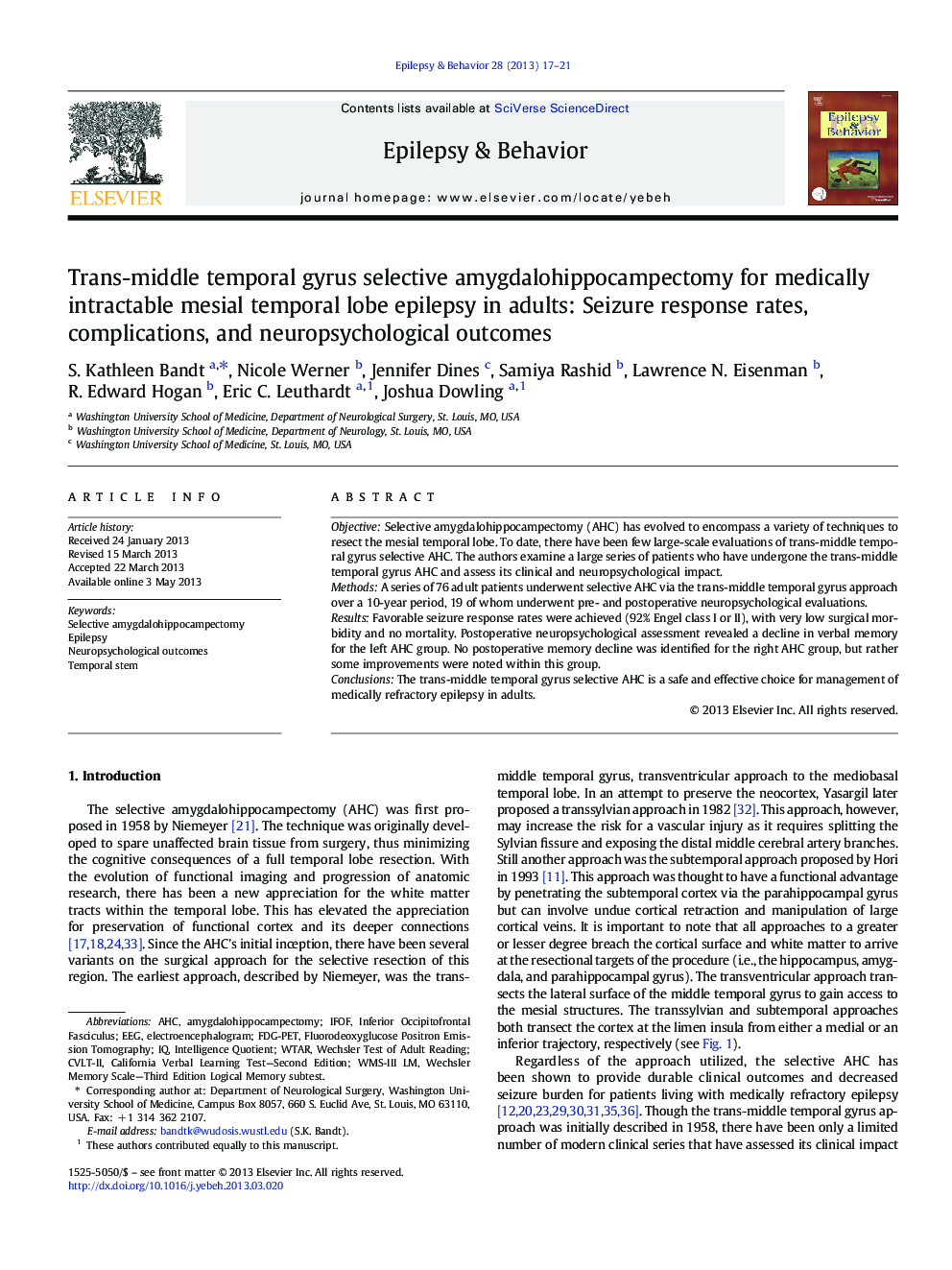 Trans-middle temporal gyrus selective amygdalohippocampectomy for medically intractable mesial temporal lobe epilepsy in adults: Seizure response rates, complications, and neuropsychological outcomes