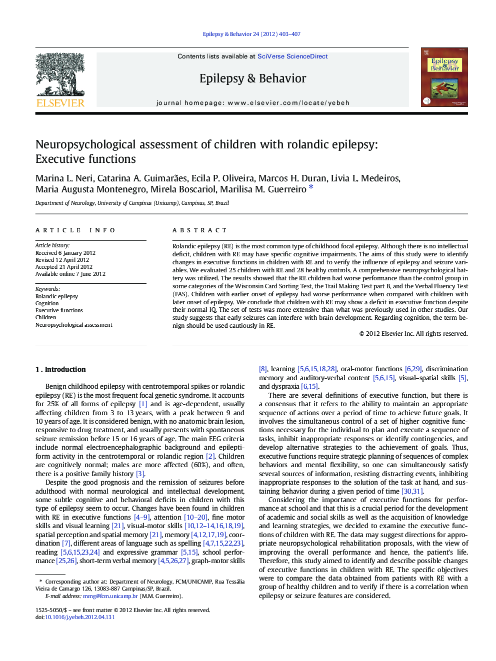 Neuropsychological assessment of children with rolandic epilepsy: Executive functions