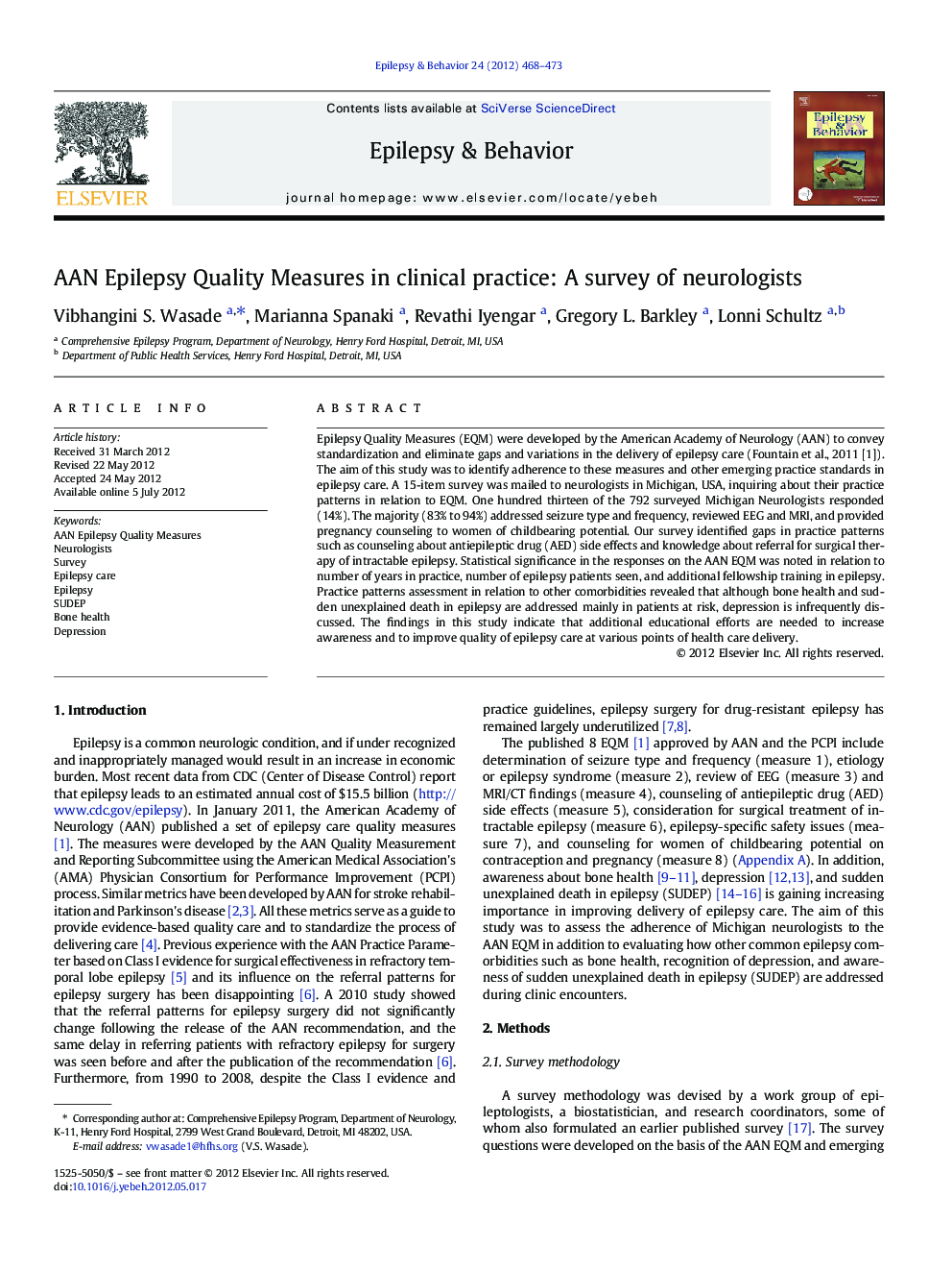 AAN Epilepsy Quality Measures in clinical practice: A survey of neurologists