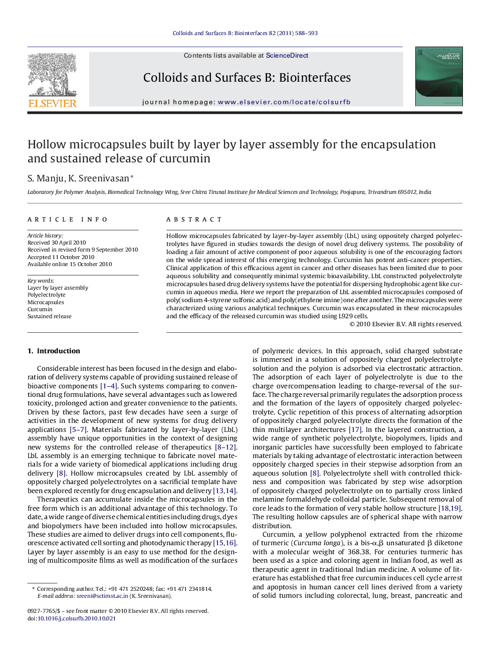 Hollow microcapsules built by layer by layer assembly for the encapsulation and sustained release of curcumin