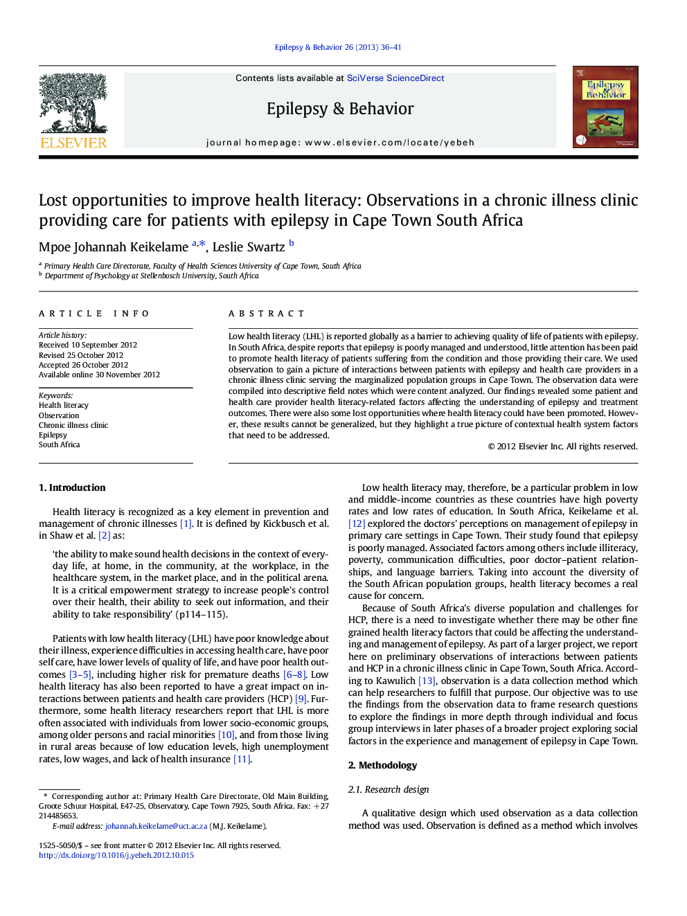Lost opportunities to improve health literacy: Observations in a chronic illness clinic providing care for patients with epilepsy in Cape Town South Africa