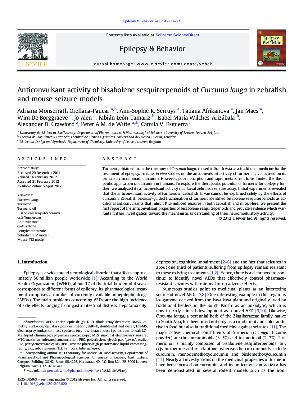 Anticonvulsant activity of bisabolene sesquiterpenoids of Curcuma longa in zebrafish and mouse seizure models