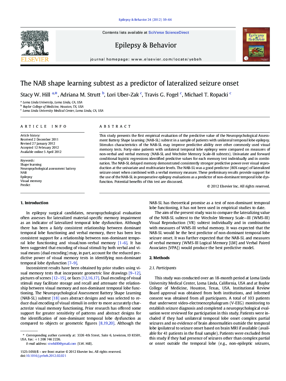 The NAB shape learning subtest as a predictor of lateralized seizure onset