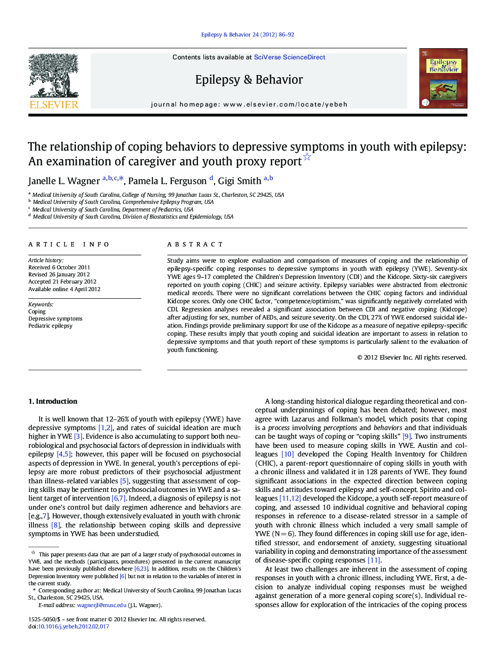 The relationship of coping behaviors to depressive symptoms in youth with epilepsy: An examination of caregiver and youth proxy report