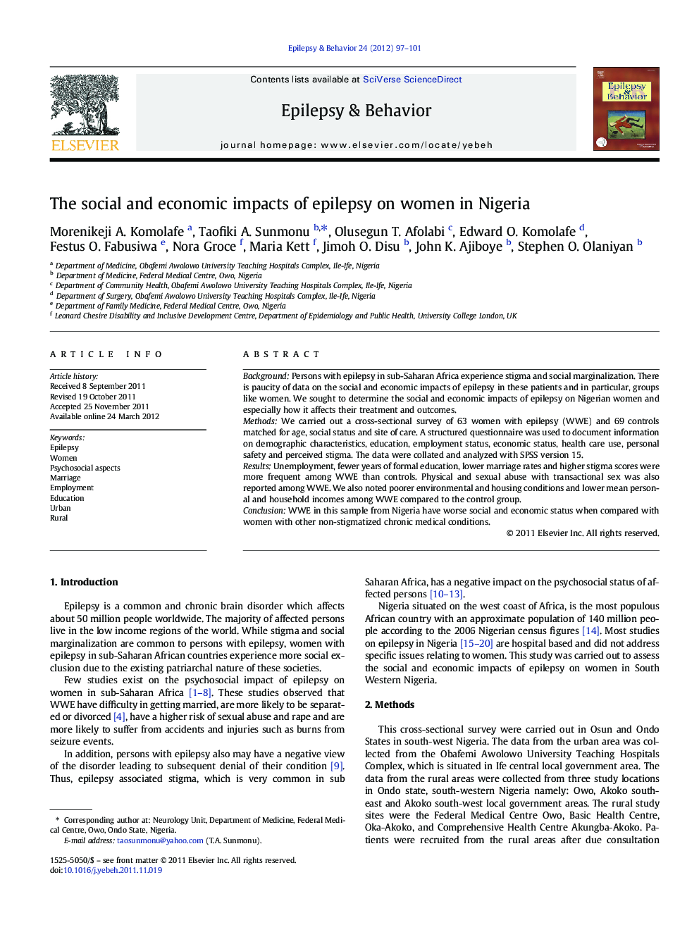 The social and economic impacts of epilepsy on women in Nigeria