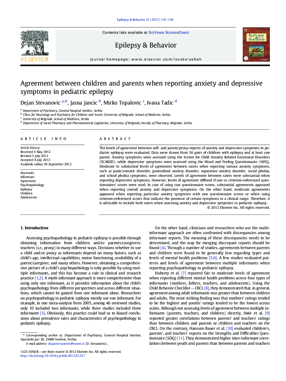 Agreement between children and parents when reporting anxiety and depressive symptoms in pediatric epilepsy