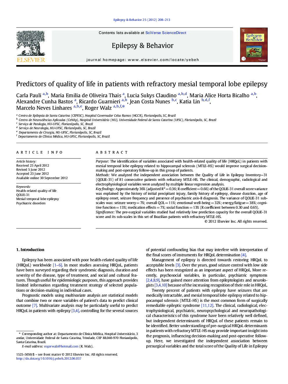 Predictors of quality of life in patients with refractory mesial temporal lobe epilepsy