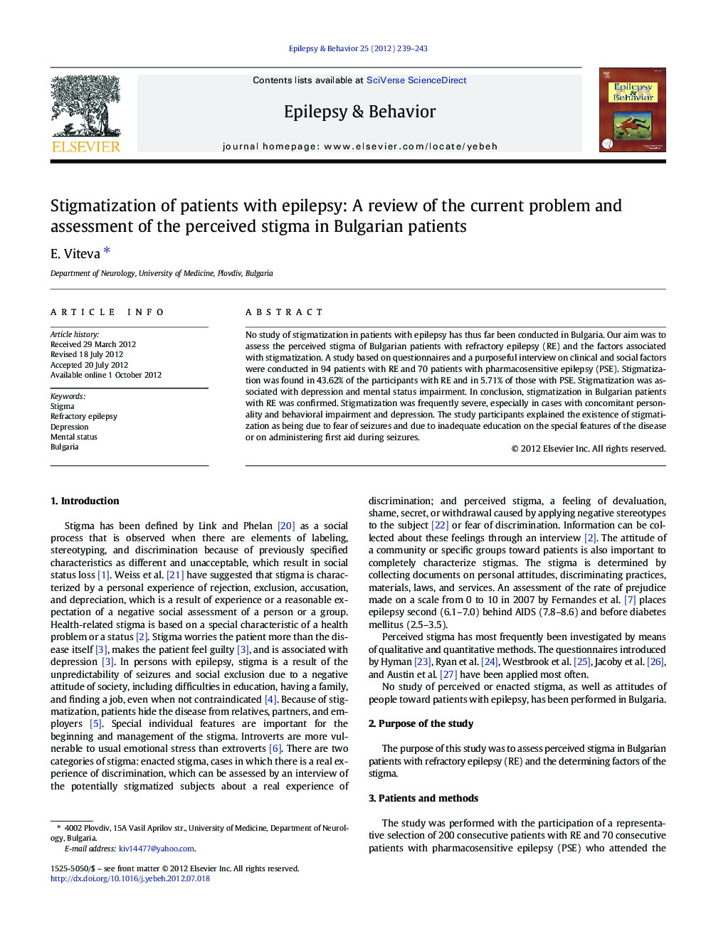 Stigmatization of patients with epilepsy: A review of the current problem and assessment of the perceived stigma in Bulgarian patients