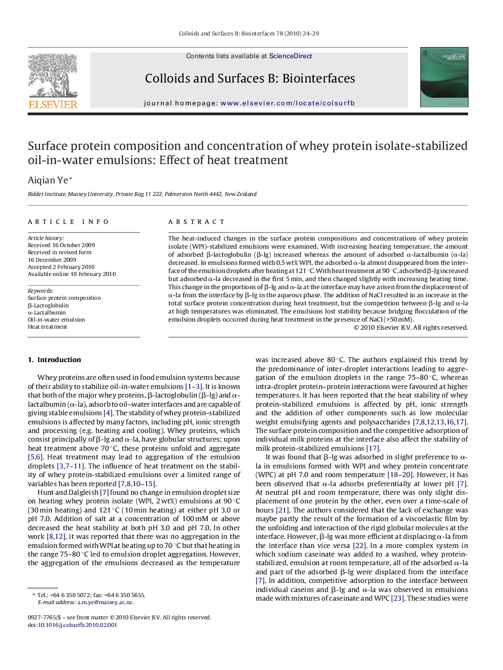 Surface protein composition and concentration of whey protein isolate-stabilized oil-in-water emulsions: Effect of heat treatment