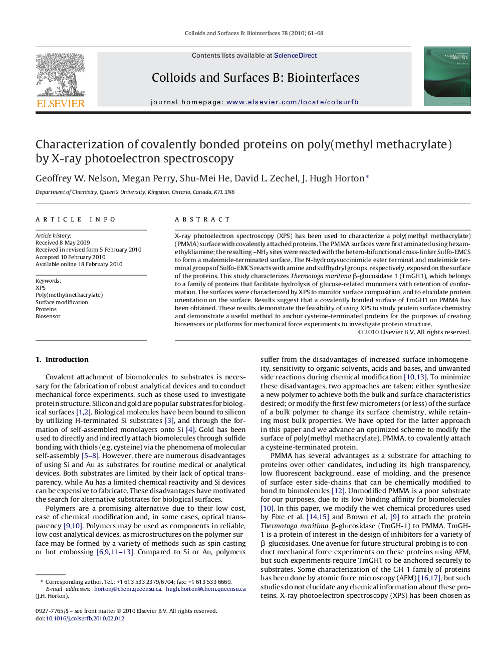 Characterization of covalently bonded proteins on poly(methyl methacrylate) by X-ray photoelectron spectroscopy